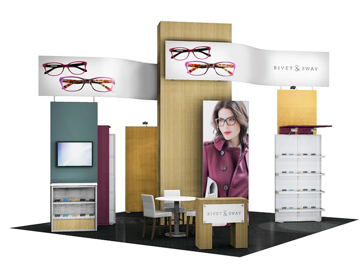 20' x 20' Tension Fabric Hybrid Island Display for Trade Show by eSmart for Rivet & Sway – ExpoTrade Exhibits