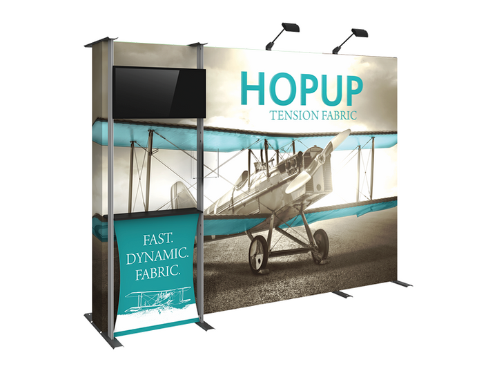 10' Straight Plane-Graphic Trade Show Backdrop Display Wall with Monitor Stand by Hop-Up - ExpoTrade Exhibits